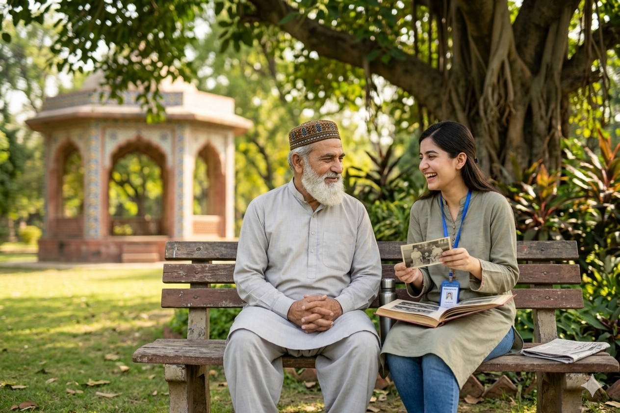 A senior man and a younger man in deep conversation on a park bench.
